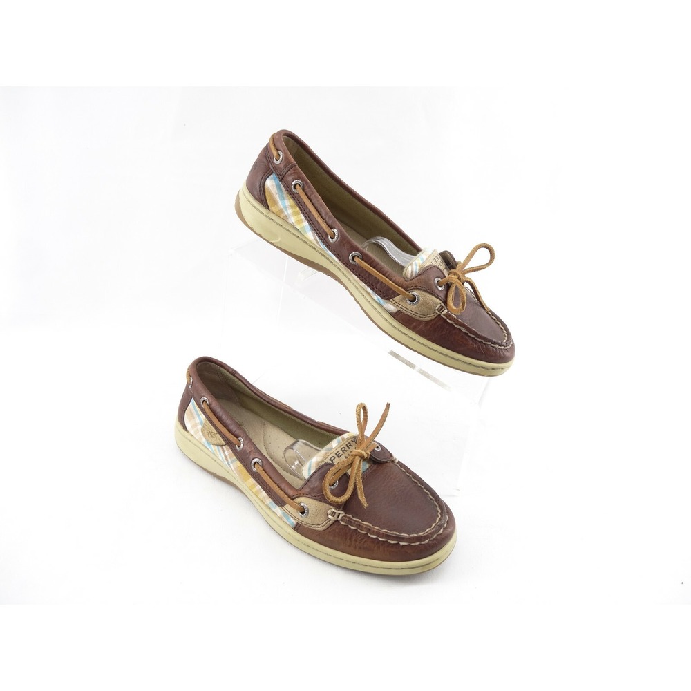 Sperry Top-Sider Angelfish Brown Plaid Twill‎ Pebble Leather Loafers 8M 9102237